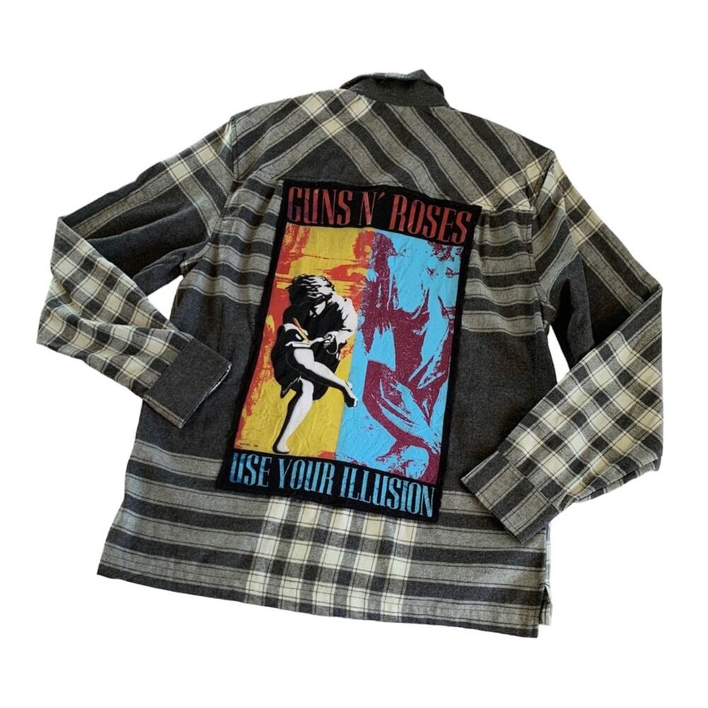 Reworked Apparel Guns N’ Roses Upcycled Gray Flannel Button Down Mens Medium